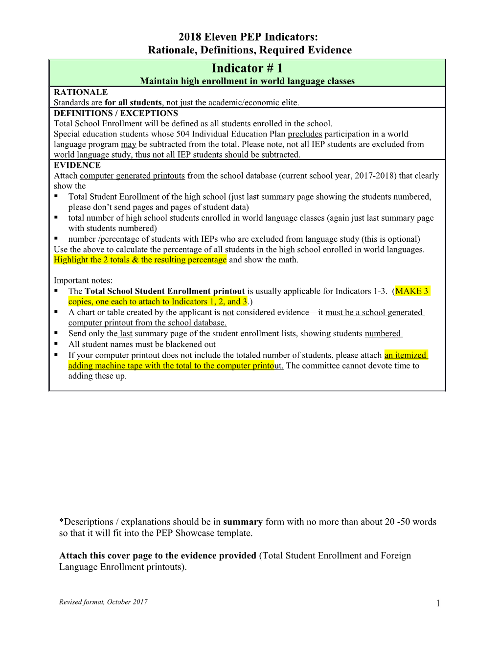 Indicator # 1 Definitions and Evidence