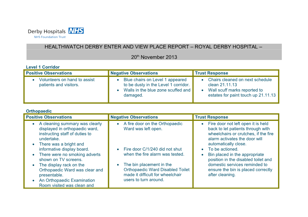 Healthwatch Derby Enter and View Place Report Royal Derby Hospital