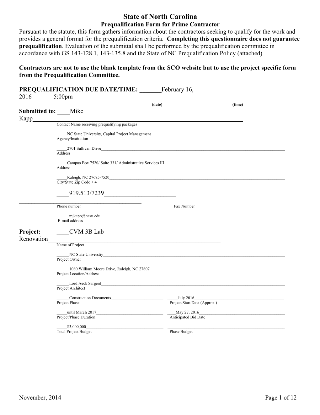 Prequalification Form for Prime Contractor