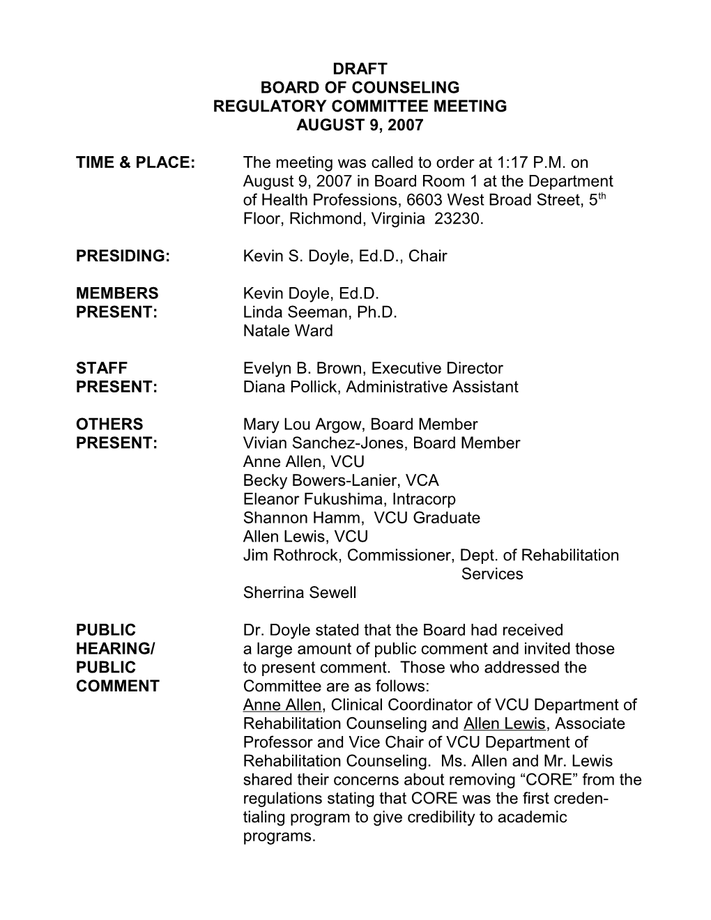 Board of Counseling Minutes 08-09-2007