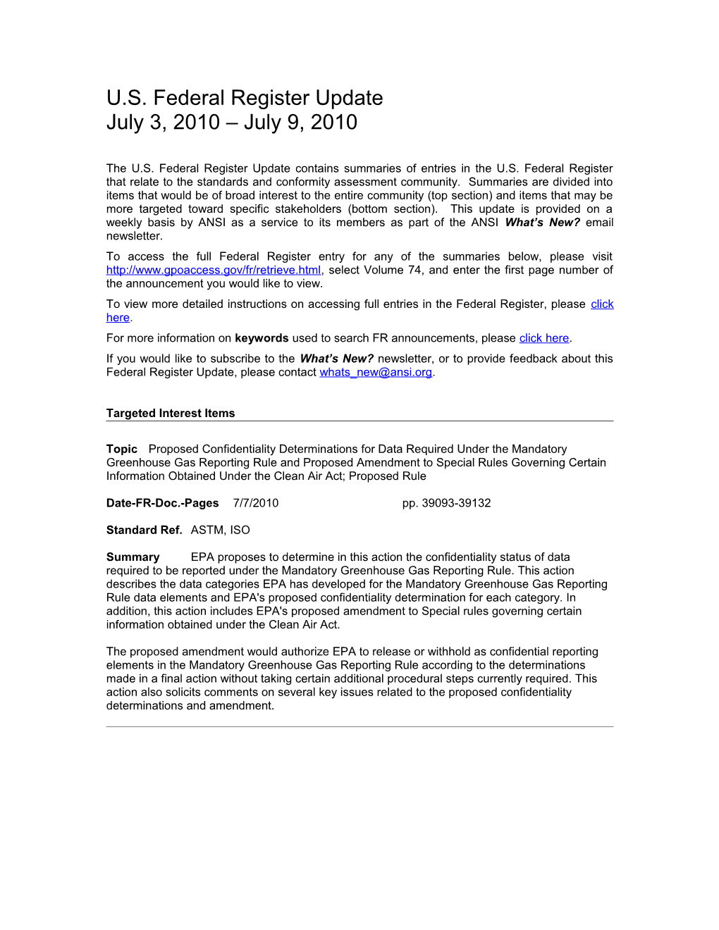 Standards and Trade Related Notices from the U.S. Federal Register, 07.09.2010