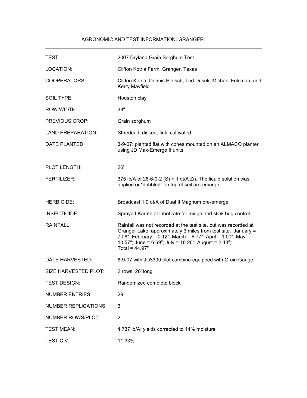 Agronomic and Test Information: Granger