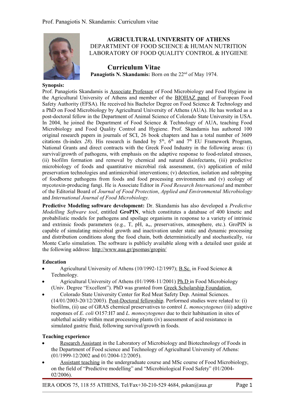 Prof. Panagiotis N. Skandamis: Curriculum Vitae