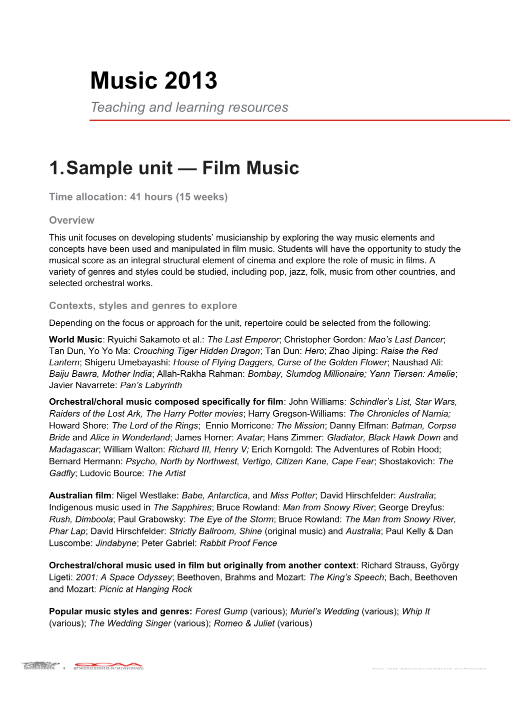 Music (2013) Teaching and Learning Resources: Sample Unit - Film Music