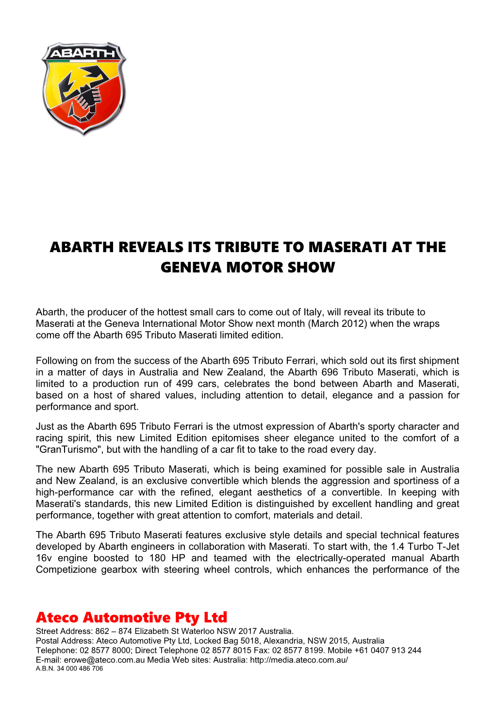 Abarth Reveals Its Tribute to Maserati at the Geneva Motor Show