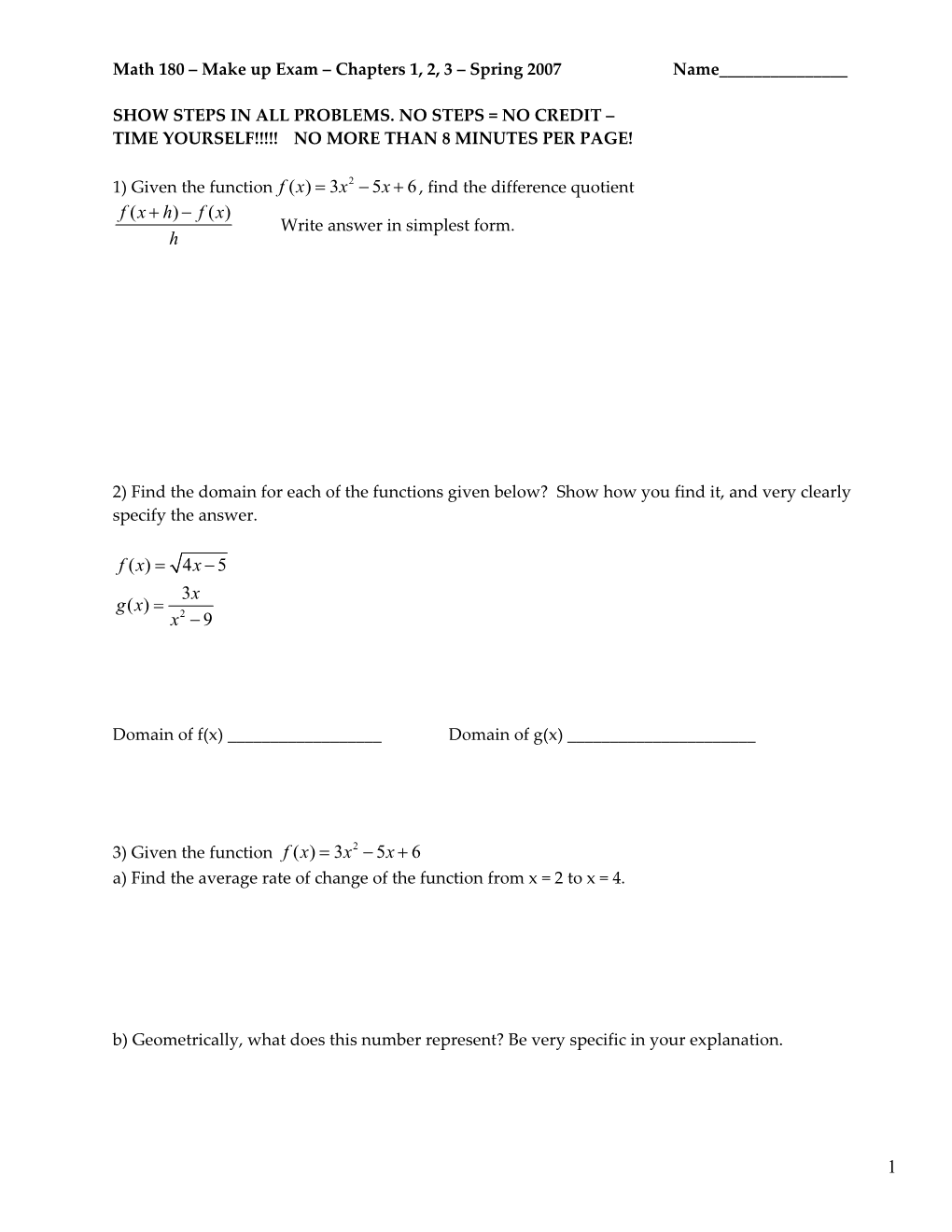 Math 180 Exam I Chapters 1, 2