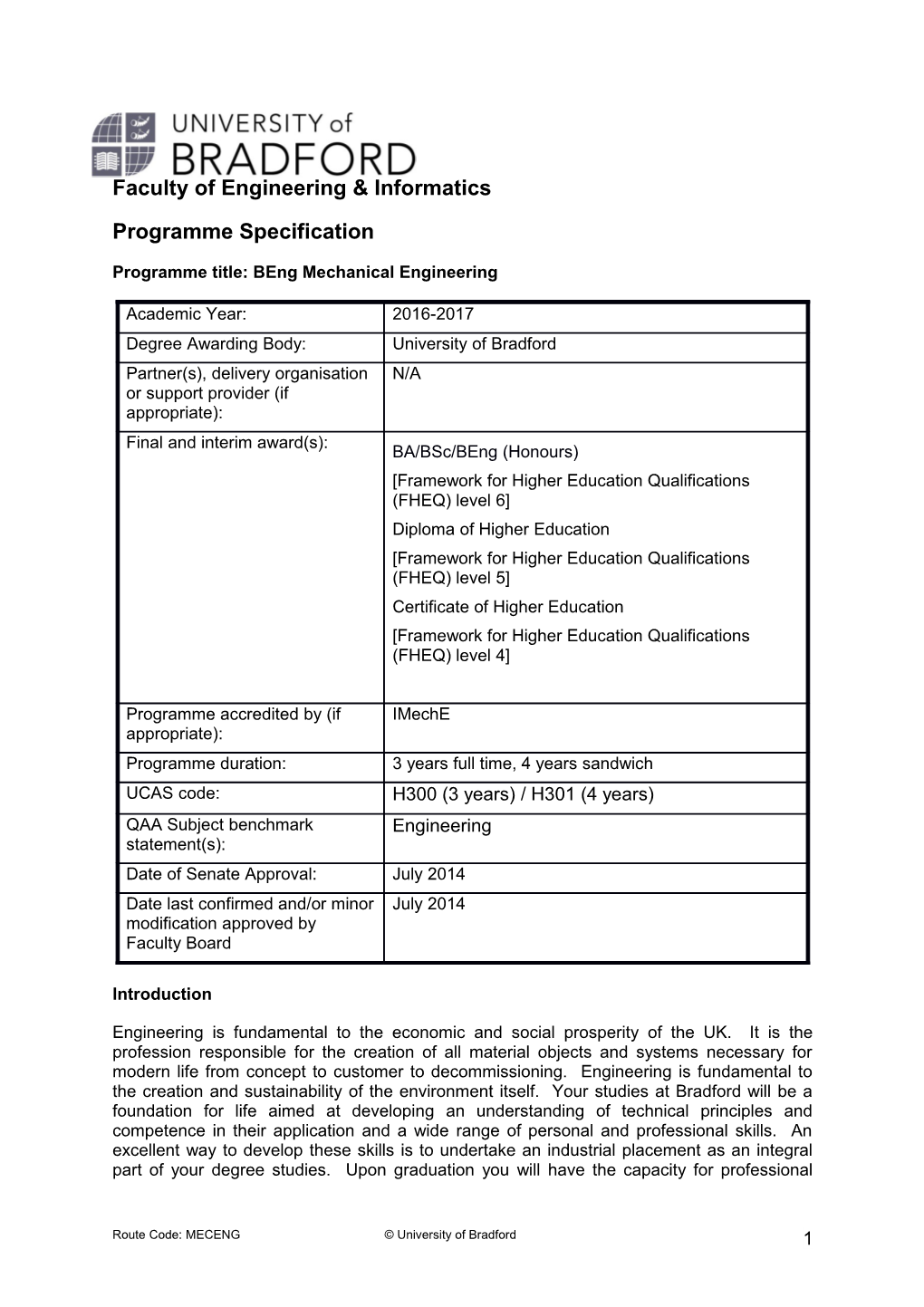 Programme Title: Beng Mechanical Engineering