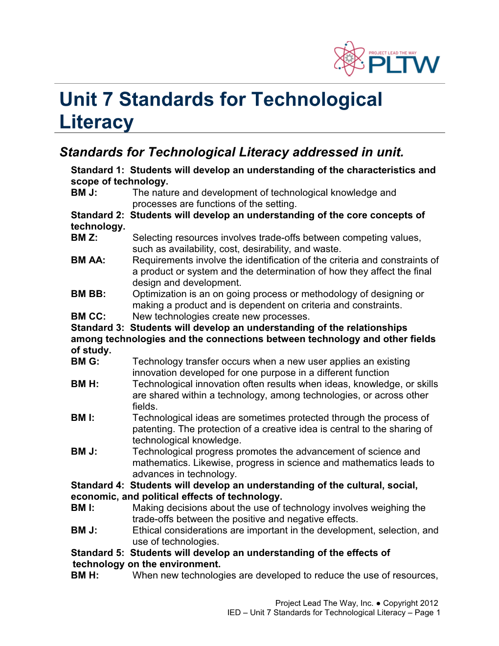 Unit 7 Standards for Technological Literacy