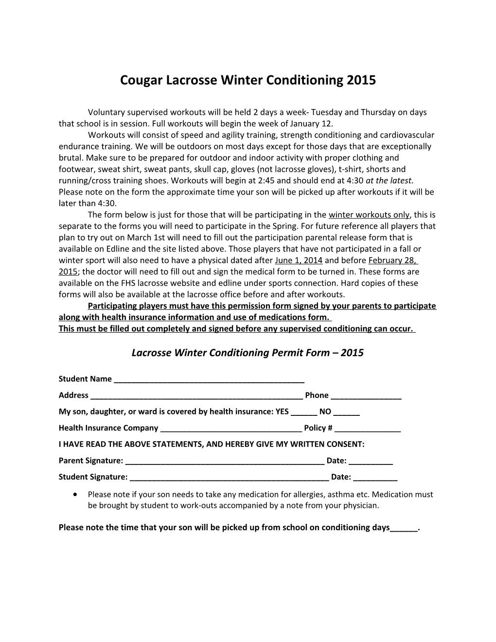 Cougar Lacrosse Winter Conditioning 2015