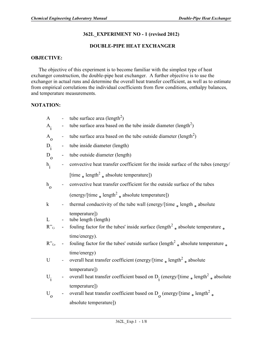 Chemical Engineering Laboratory Manual Double-Pipe Heat Exchanger