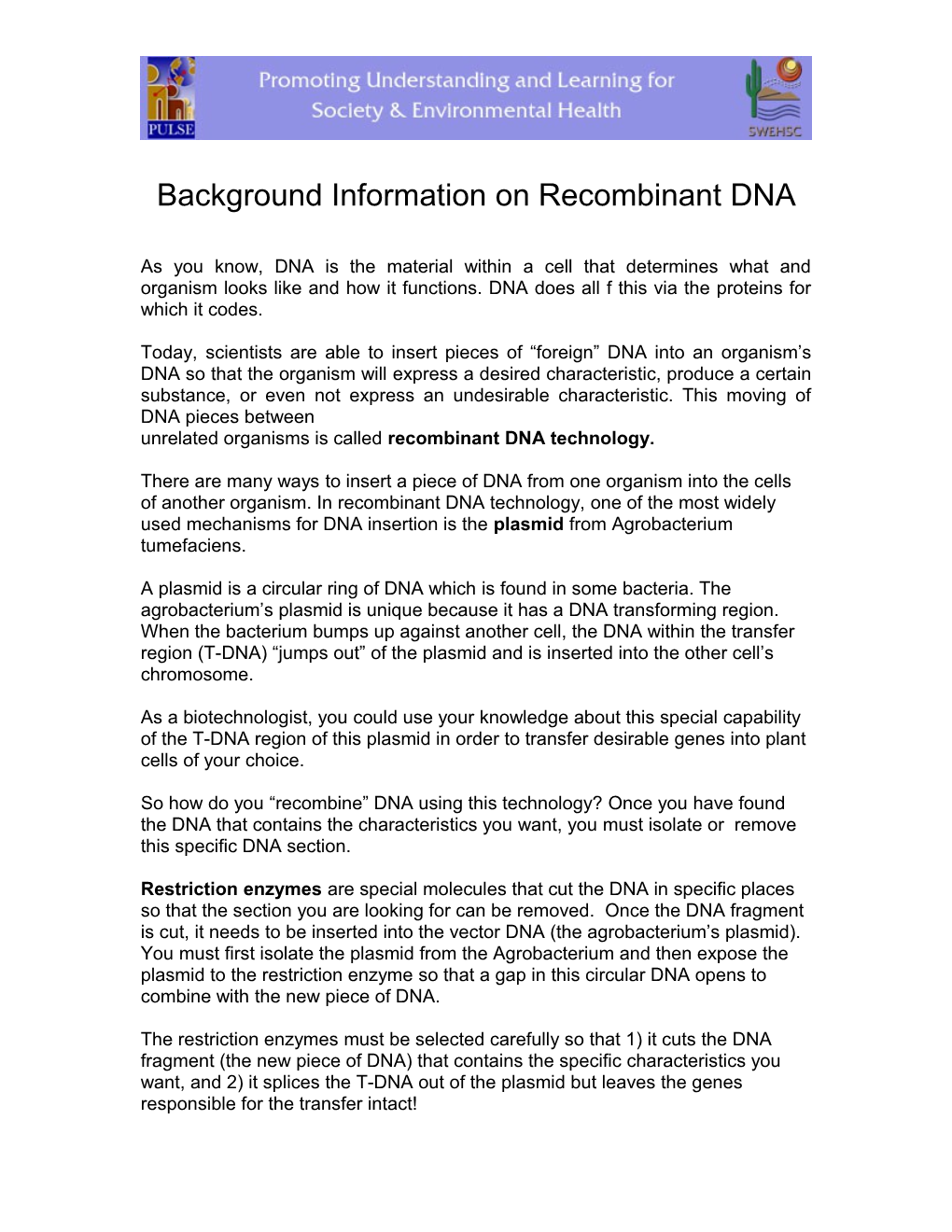Background Information on Recombinant DNA