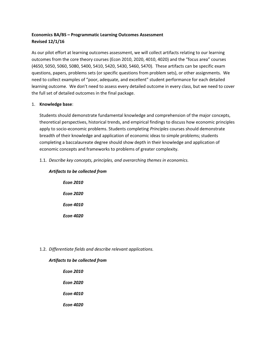 Economics BA/BS Programmatic Learning Outcomes Assessment Revised 12/1/16