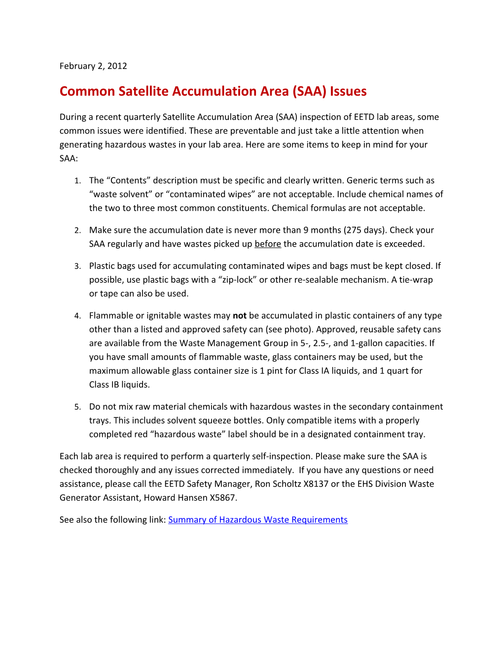 Common Satellite Accumulation Area (SAA) Issues