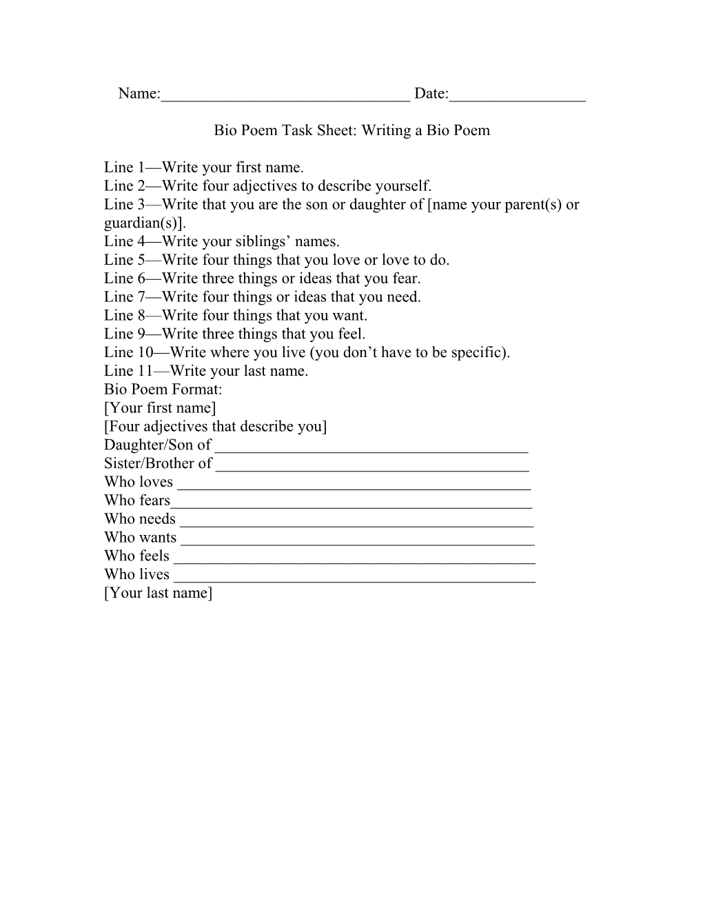 Bio Poem Task Sheet: Writing a Bio Poem