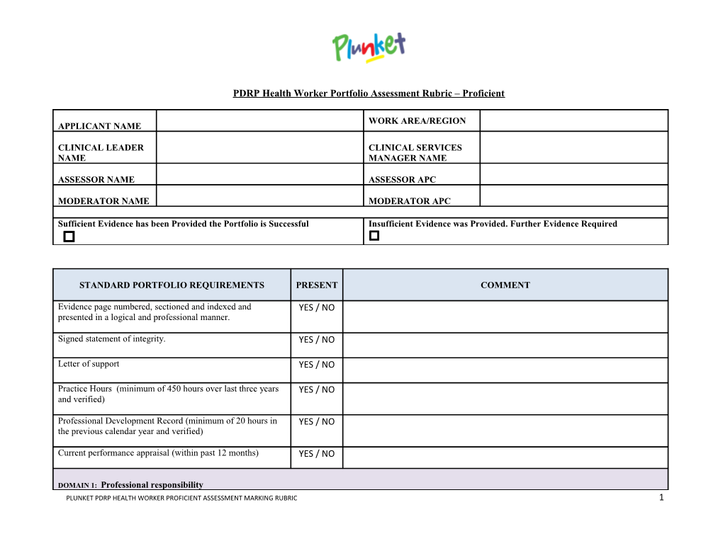 PDRP Health Worker Portfolio Assessment Rubric Proficient