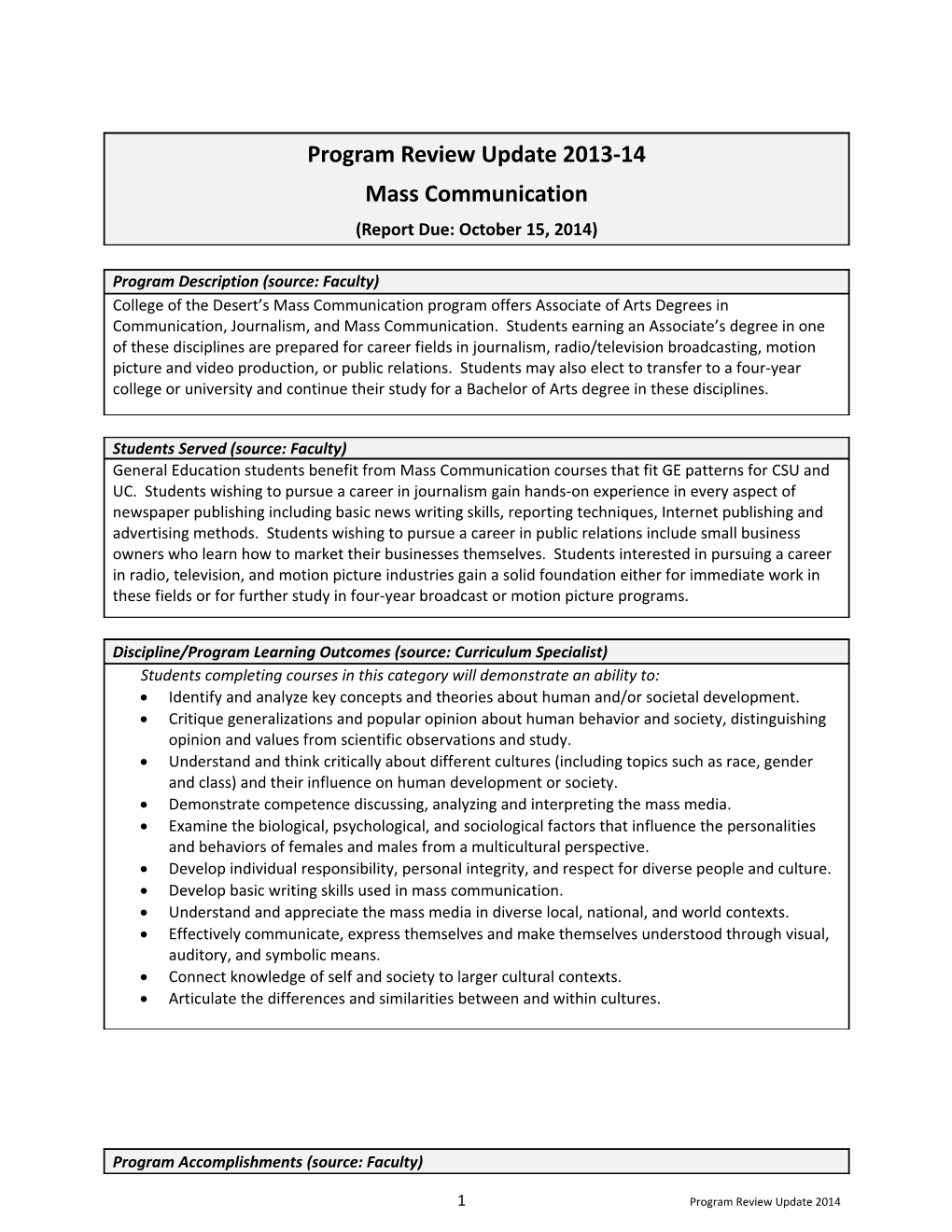 Program Review Update 2013-14