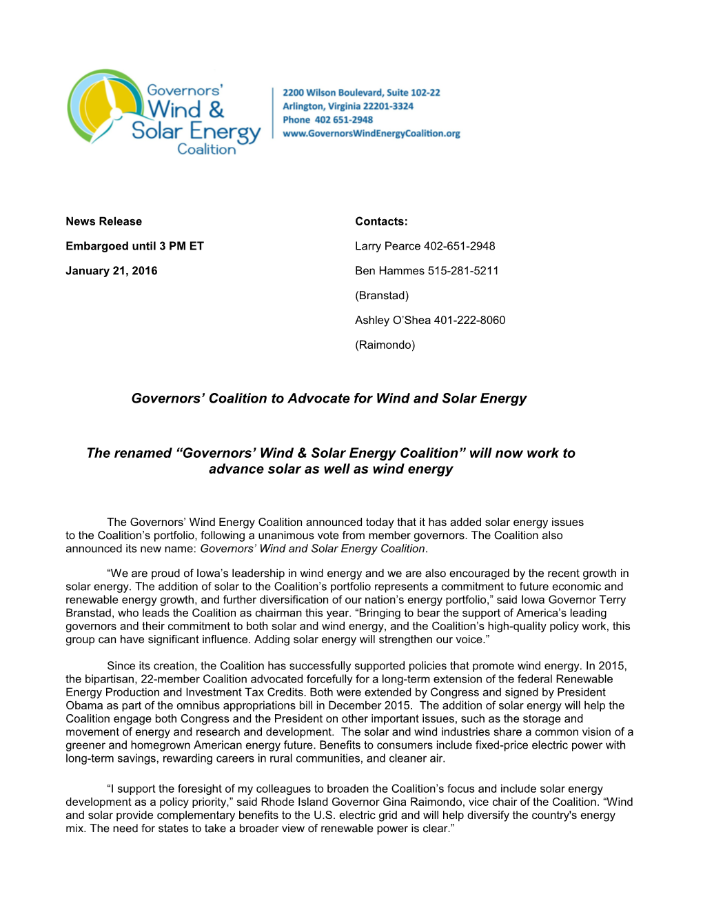 Governors Coalition to Advocate for Wind and Solar Energy