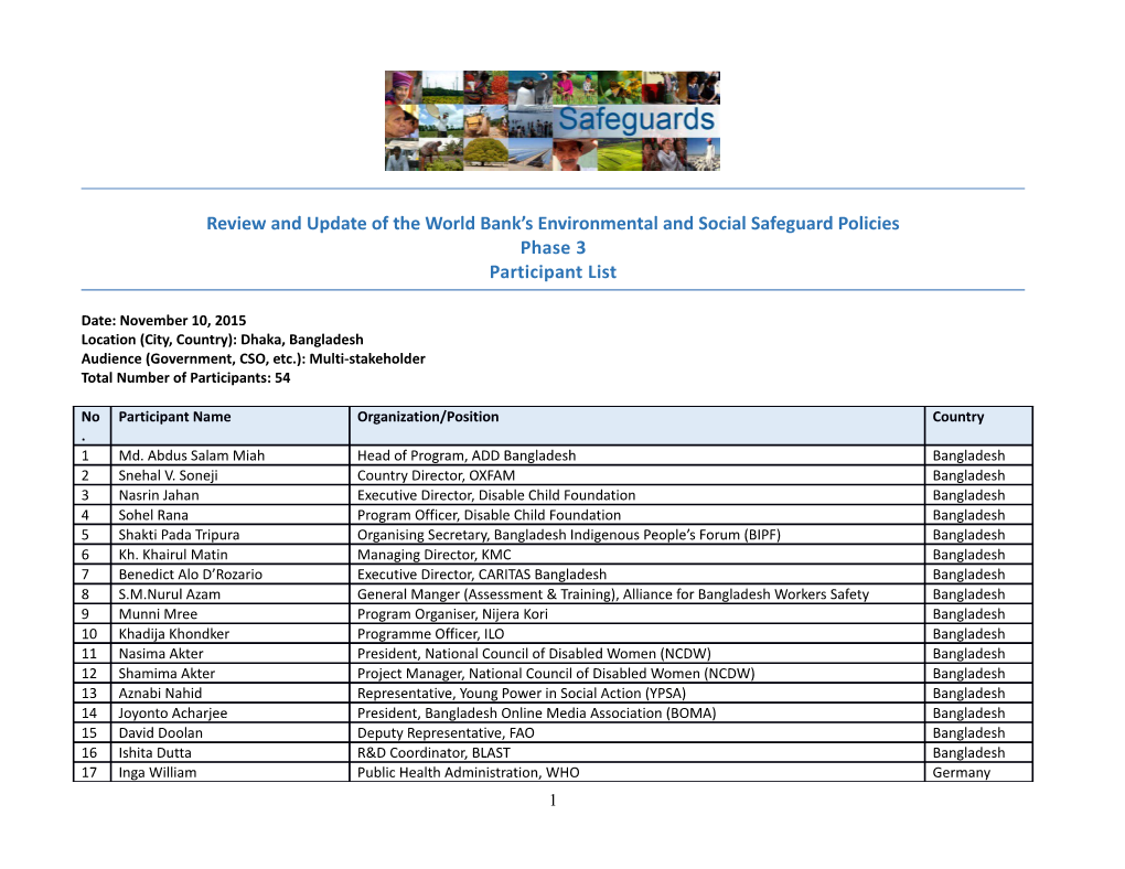 Review and Update of Theworldbank Senvironmental and Social Safeguardpolicies