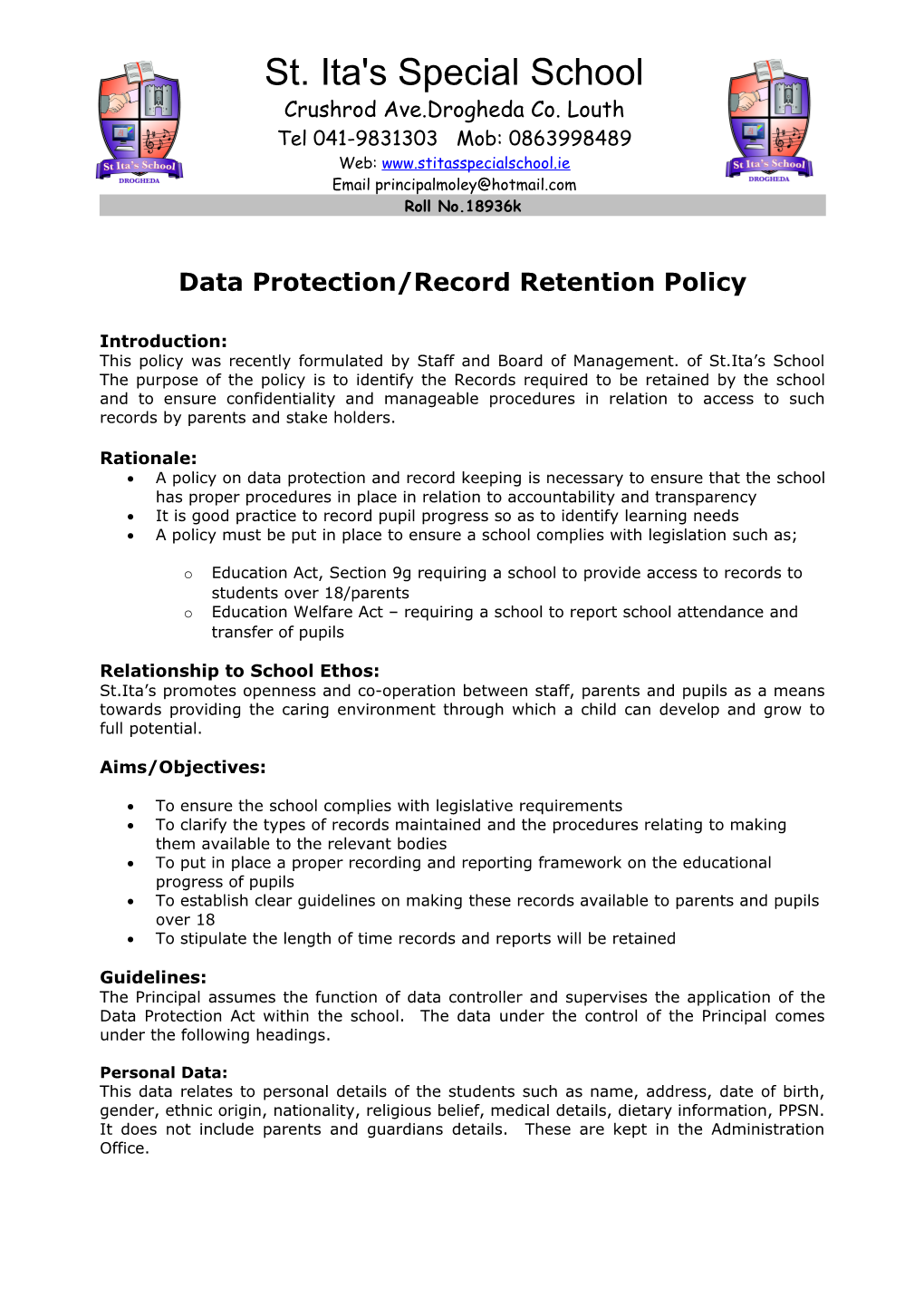 Data Protection/Record Retention Policy