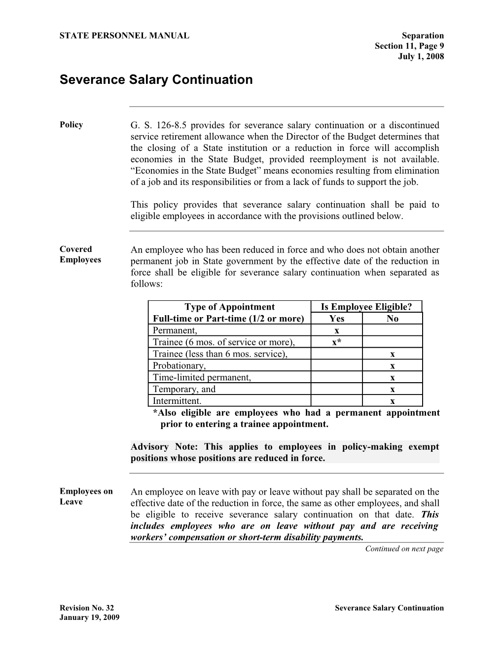 Severance Salary Continuation