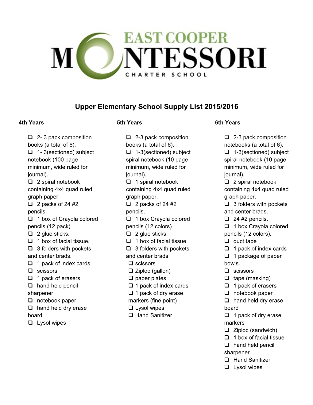 Upper Elementary School Supply List 2015/2016