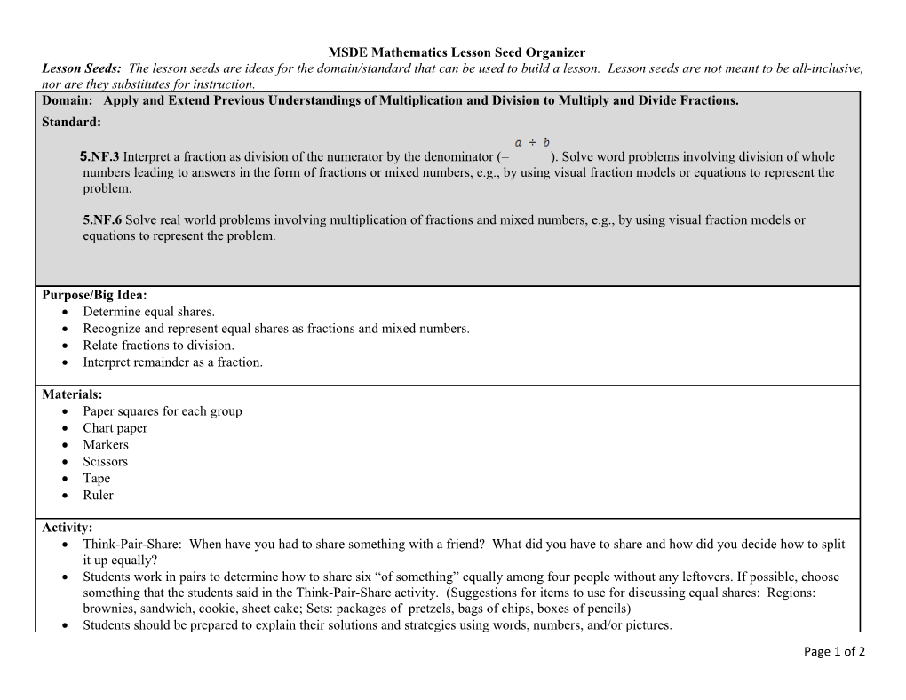 MSDE Mathematics Lesson Seed Organizer