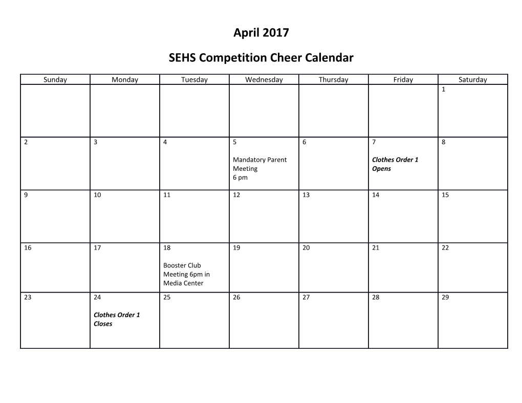 SEHS Competition Cheer Calendar