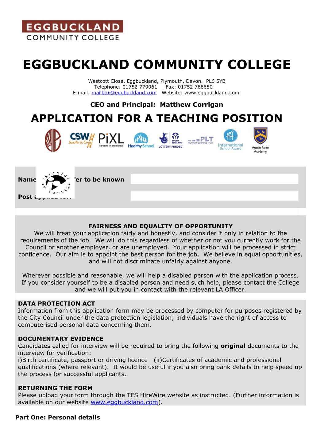 Application for a Teaching Position