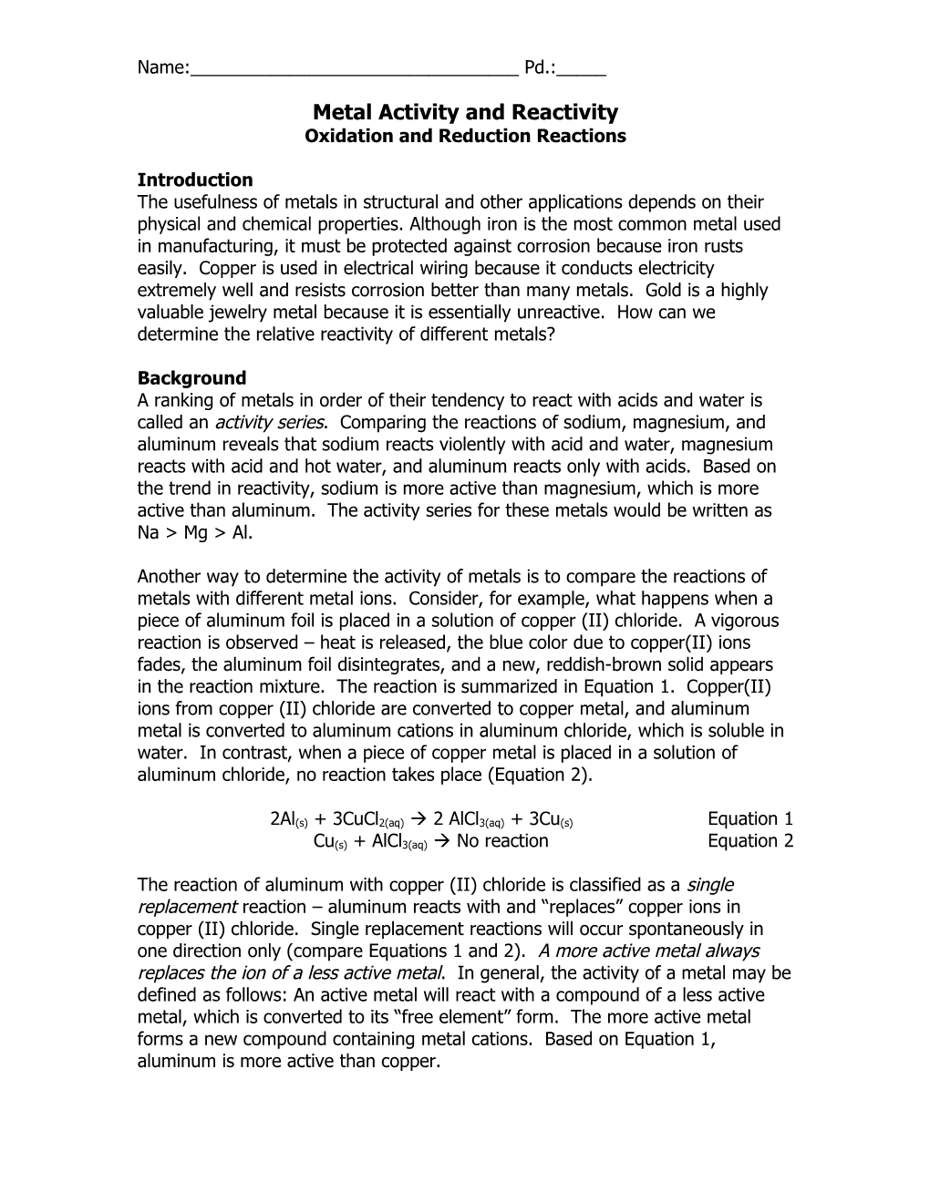 Metal Activity and Reactivity