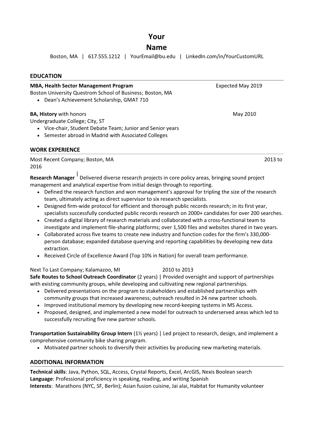 BU MBA Resume Format - Class of 2018