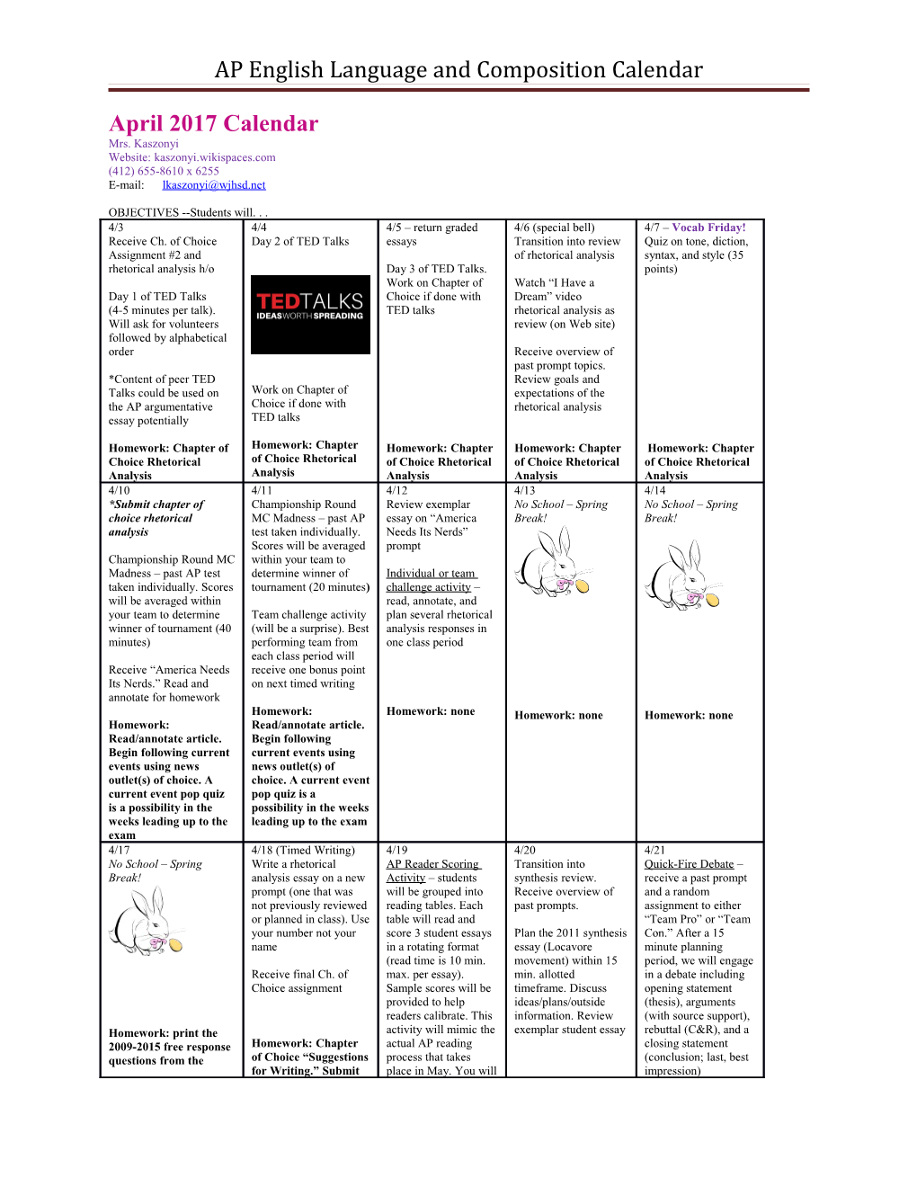 AP English Language and Composition Calendar s2