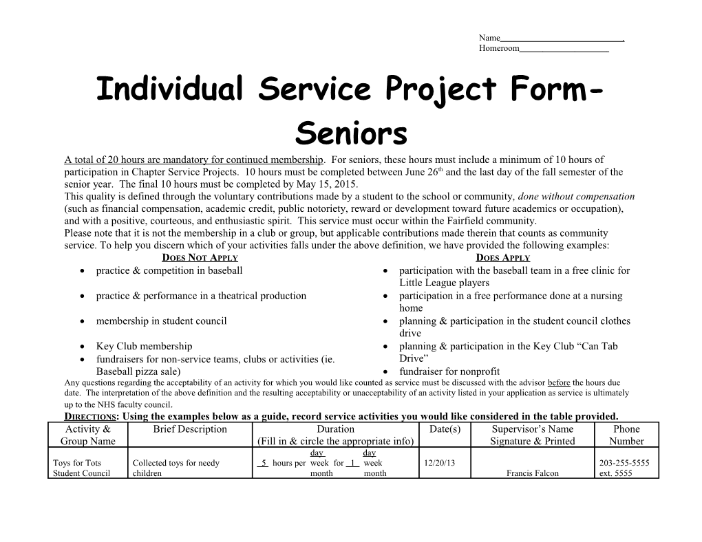 Individual Service Project Form-Seniors