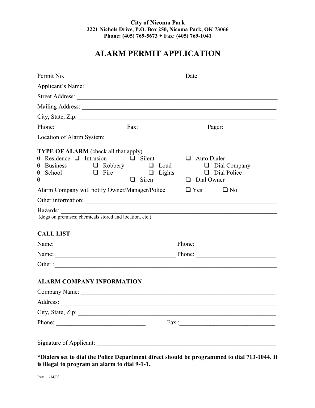 Alarm Permit Application