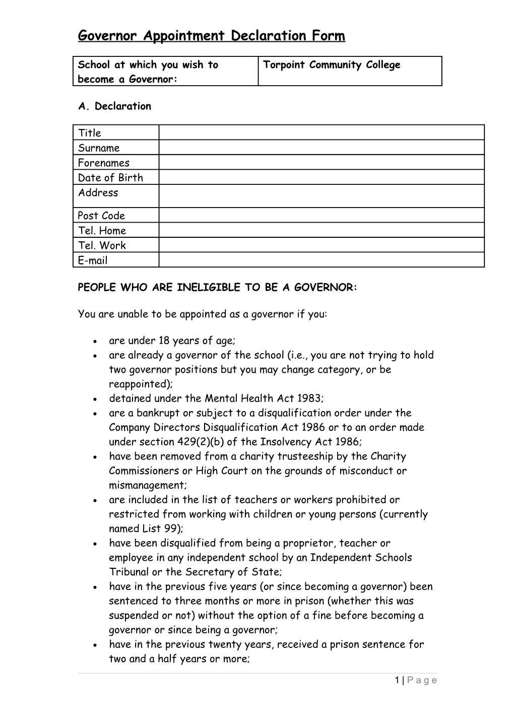 Governor Appointment Declaration Form