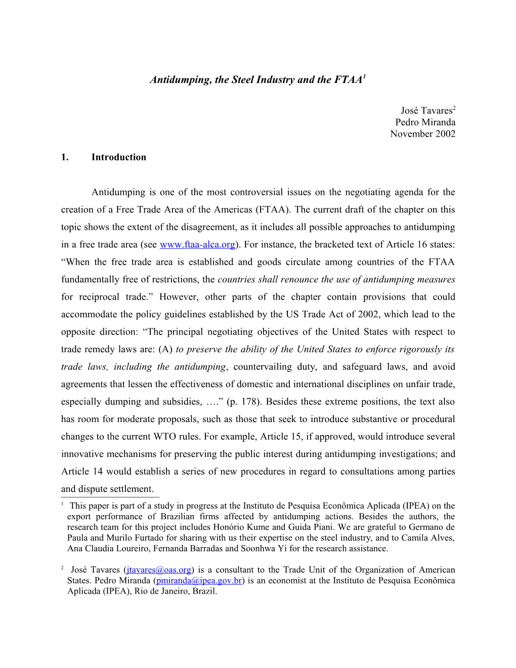 Antidumping, the Steel Industry and the Conditions of Competition in the FTAA