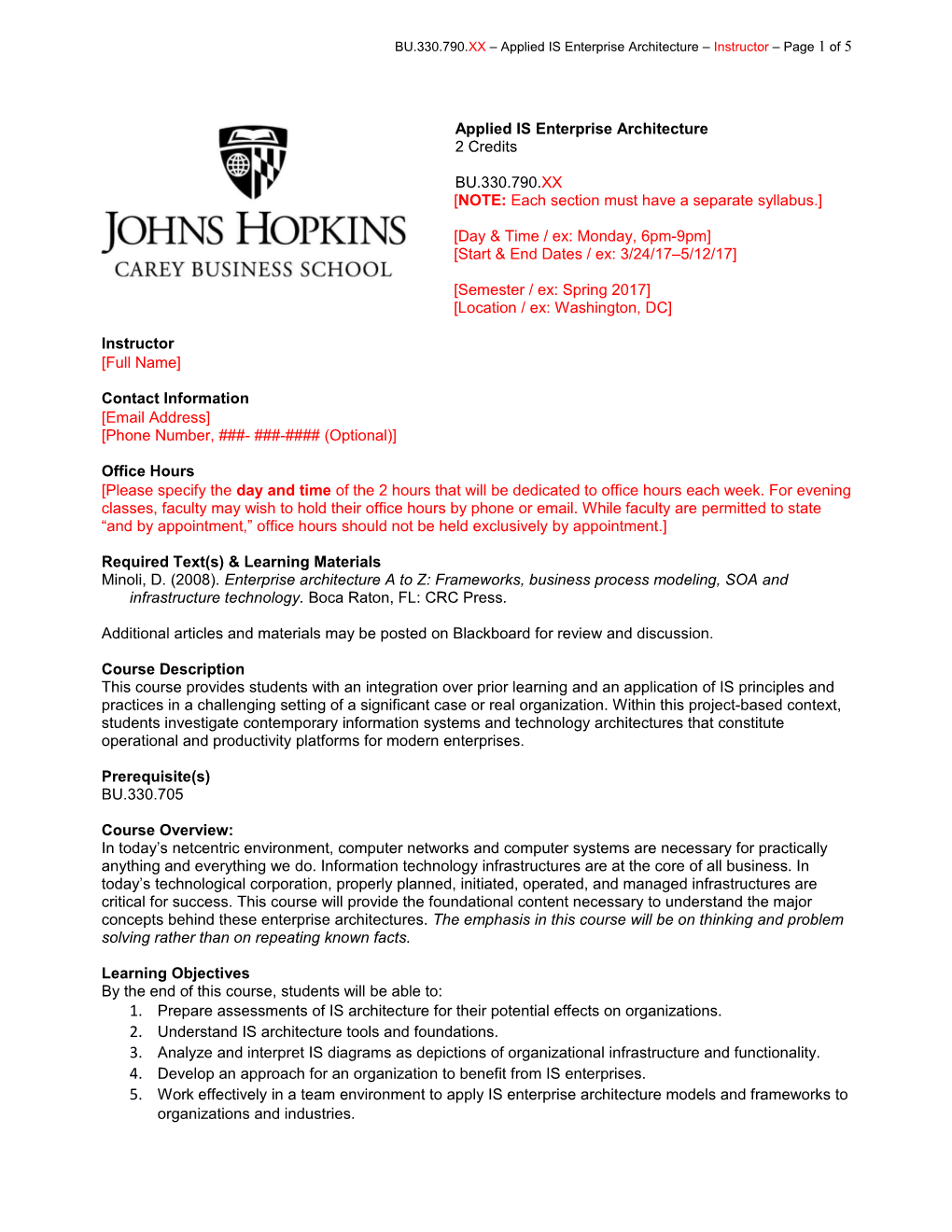 BU.330.790.XX Applied IS Enterprise Architecture Instructor Page 1 of 5