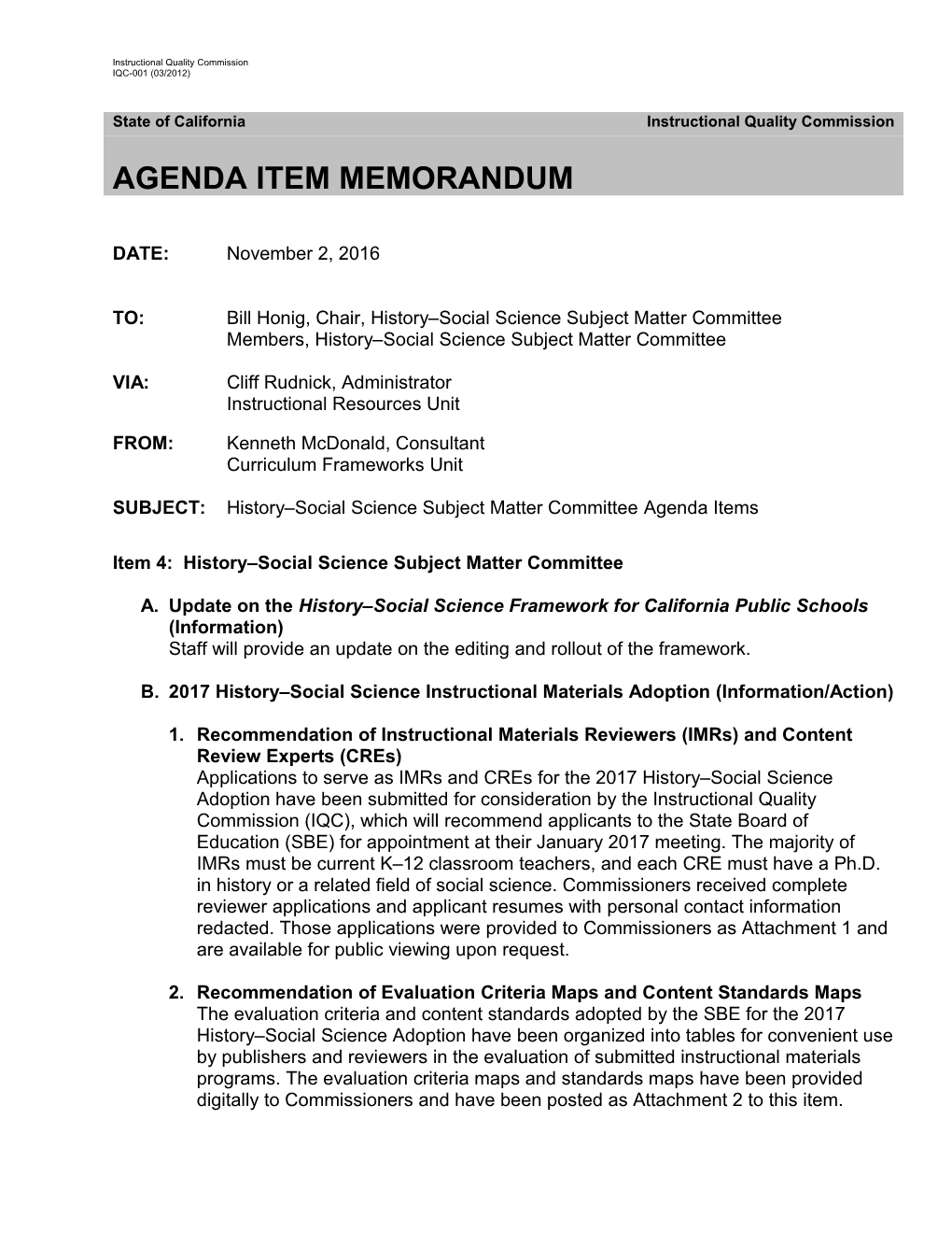 History Social Science Agenda 2016 -Instructional Quality Commission (CA Dept of Education)