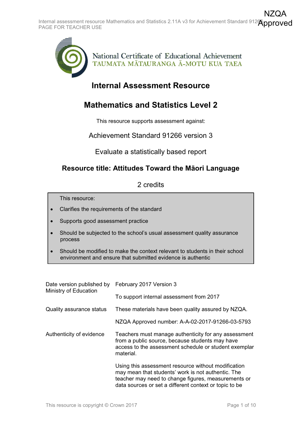 Level 2 Mathematics and Statistics Internal Assessment Resource