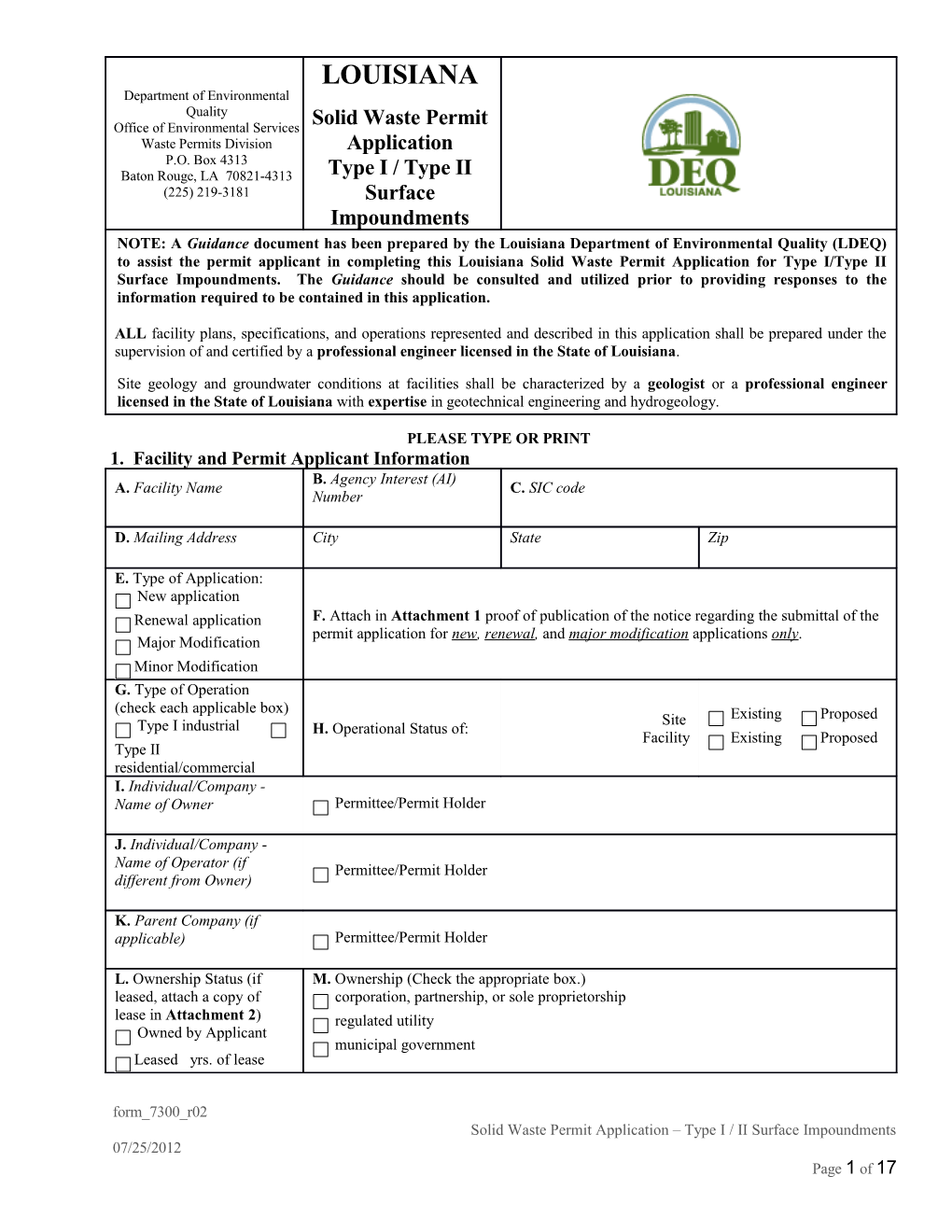 SOLID WASTE PERMIT APPLICATION ATTACHMENT LIST and CHECKLIST Page 1 of 2