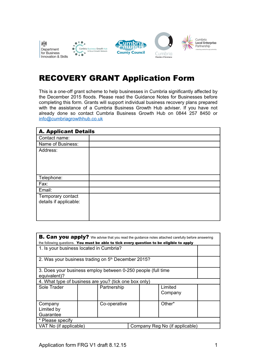 RECOVERY GRANT Application Form