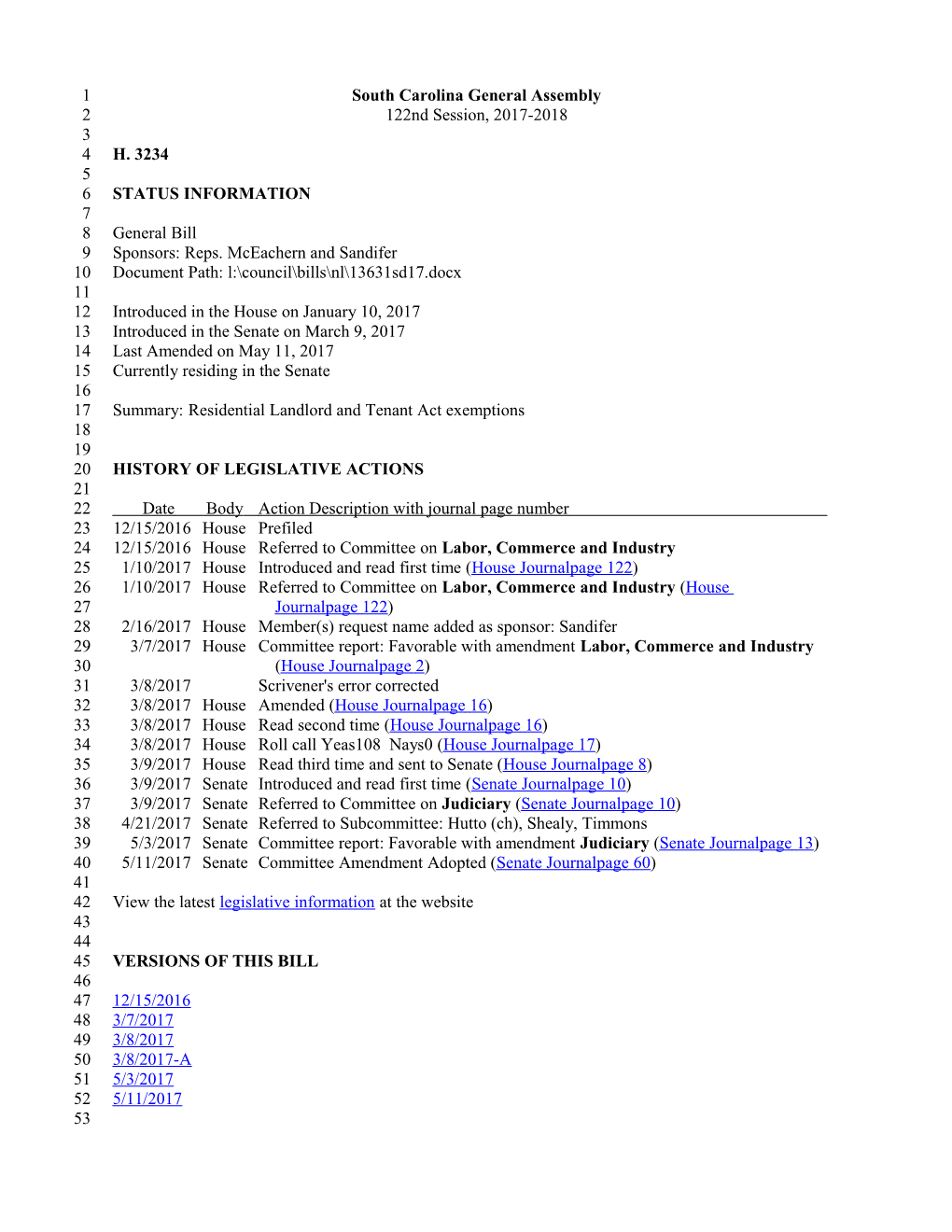 2017-2018 Bill 3234: Residential Landlord and Tenant Act Exemptions - South Carolina Legislature