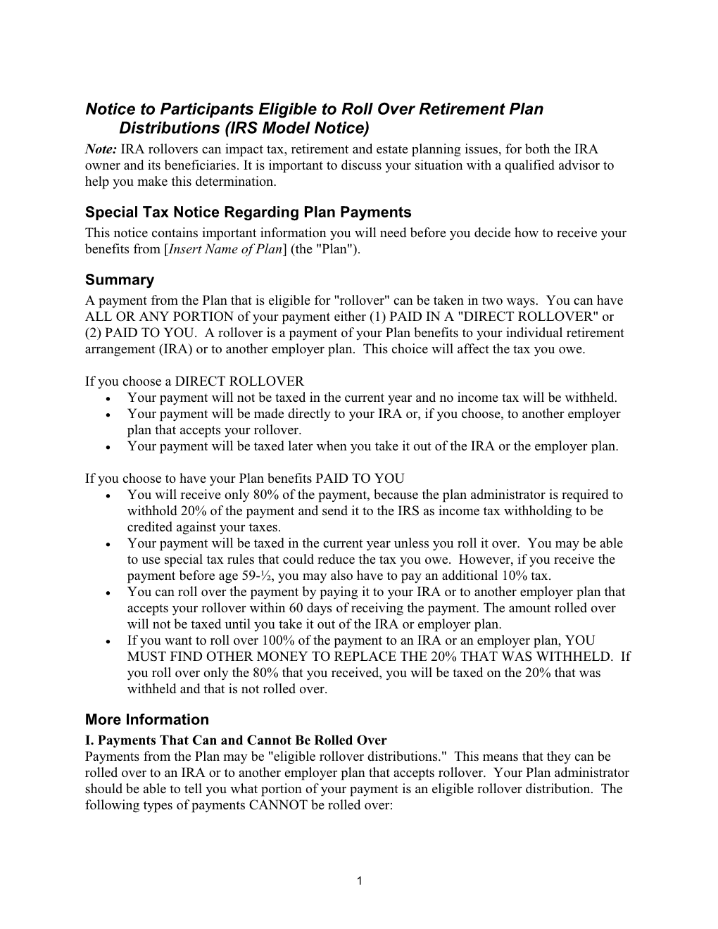Notice to Participants Eligible to Roll Over Retirement Plan Distributions (IRS Model Notice)