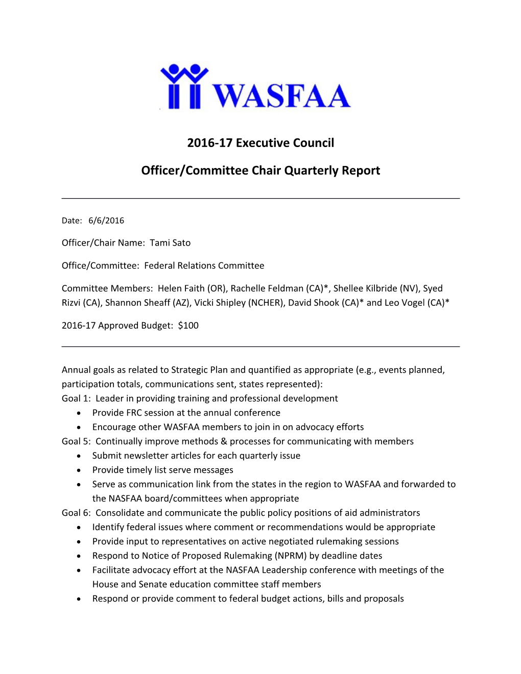 Officer/Committee Chair Quarterly Report