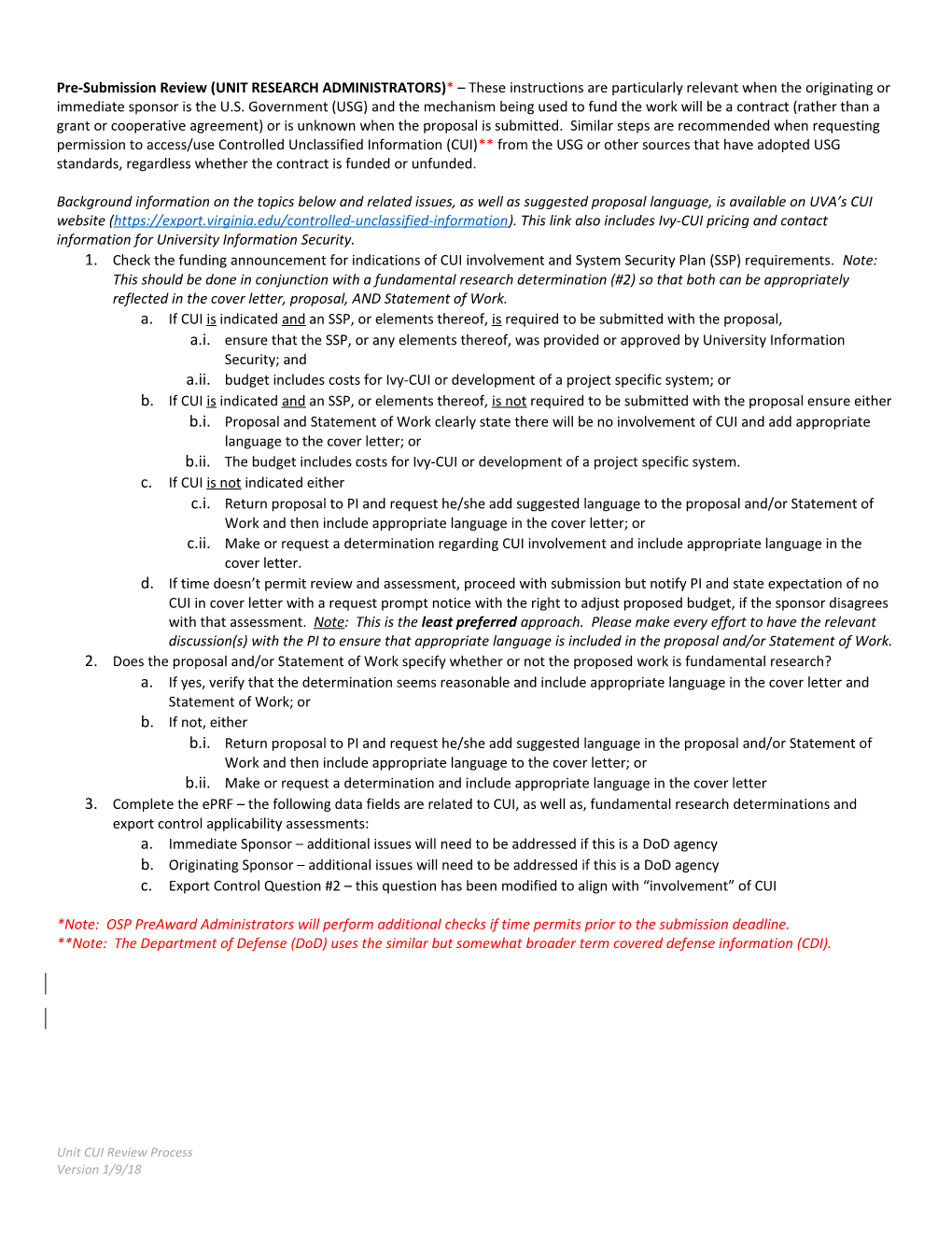 Pre-Submission Review(Unit Research Administrators) * These Instructions Are Particularly