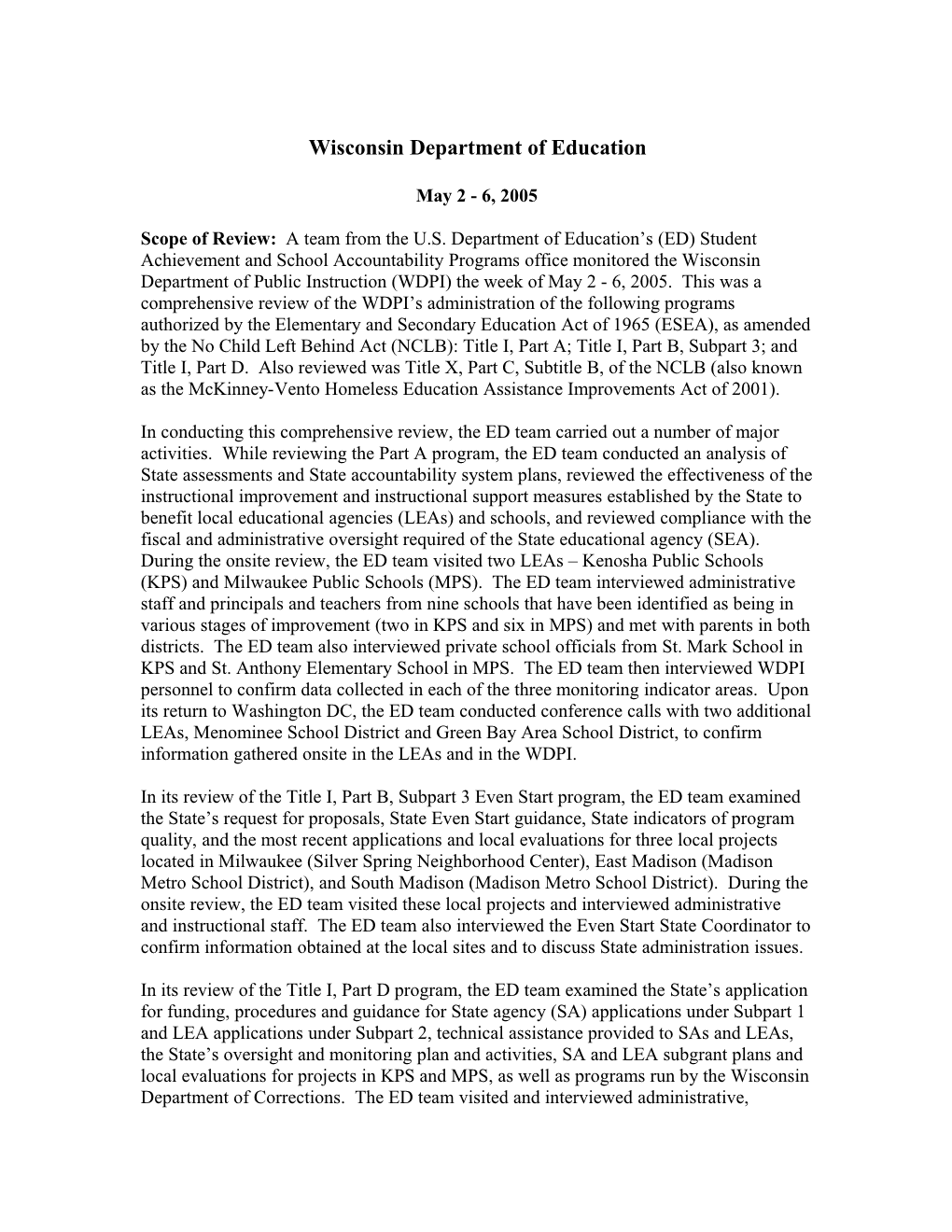 Wisconsin Letter and Monitoring Report, May 6, 2005 (MS Word)