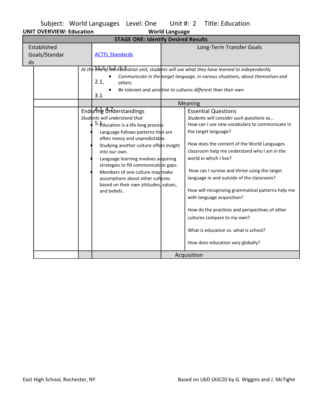 UNIT OVERVIEW: Education World Language