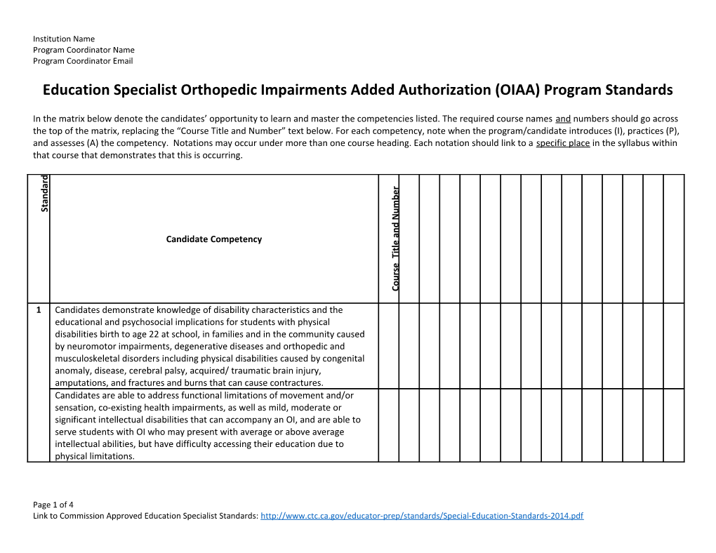 Education Specialist Orthopedic Impairments Added Authorization (OIAA) Program Standards