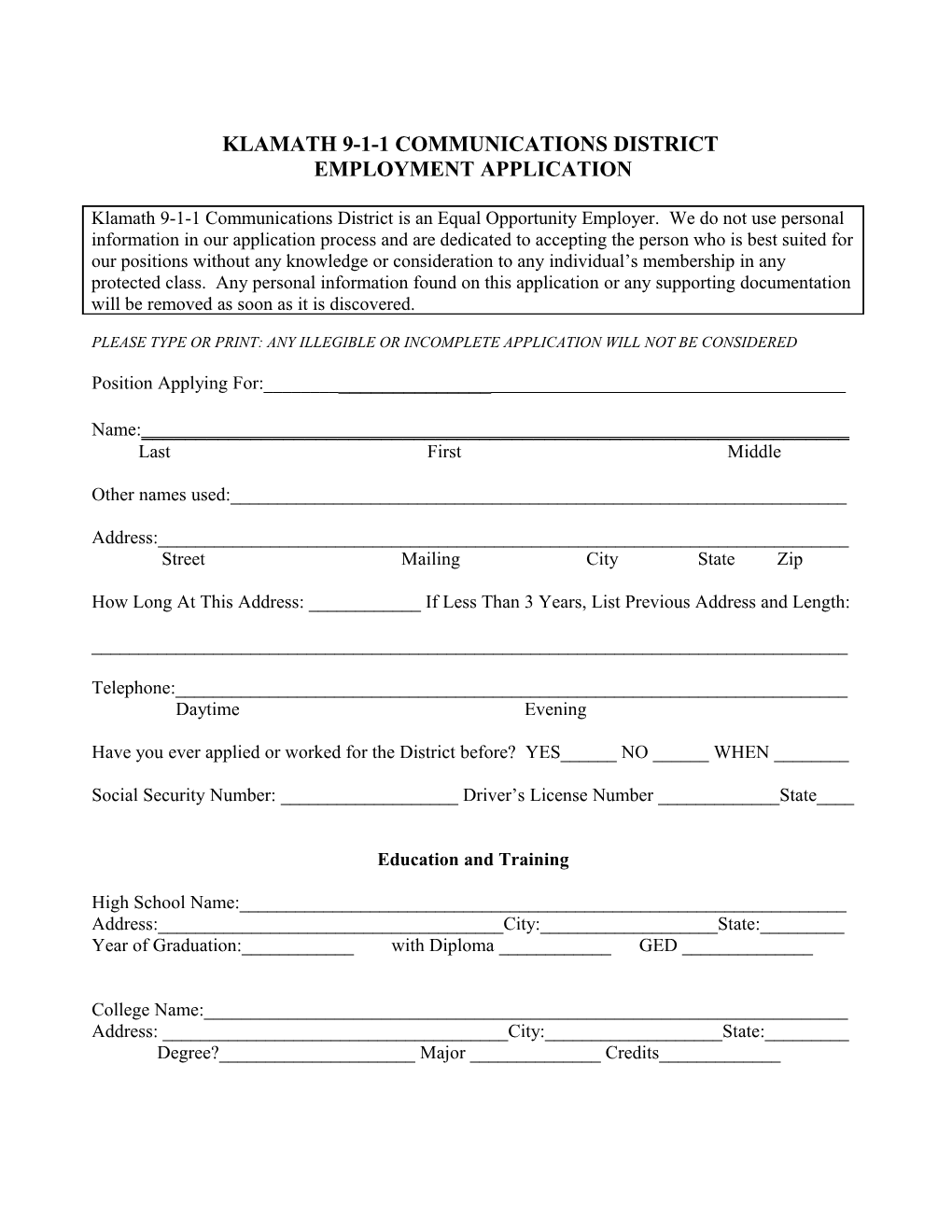 Klamath County Emergency Communications District Employment Application