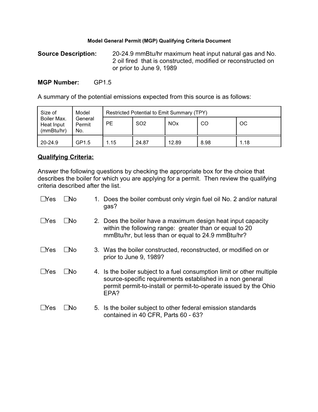 Model General Permit (MGP) Qualifying Criteria Document