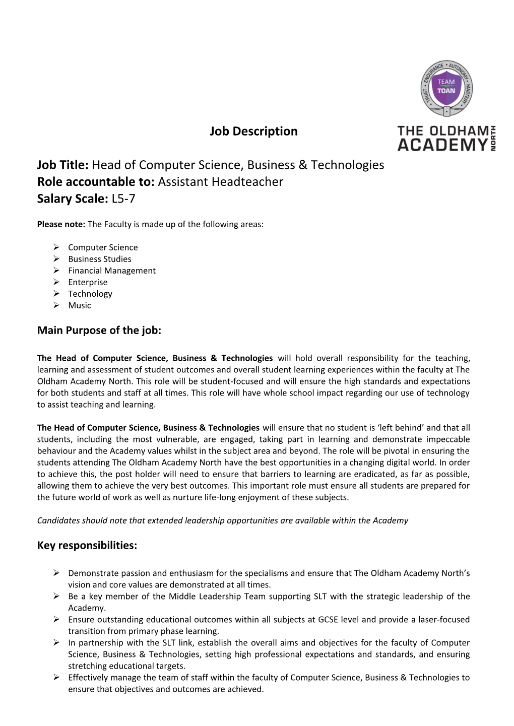 Job Title: Head of Computer Science, Business & Technologies